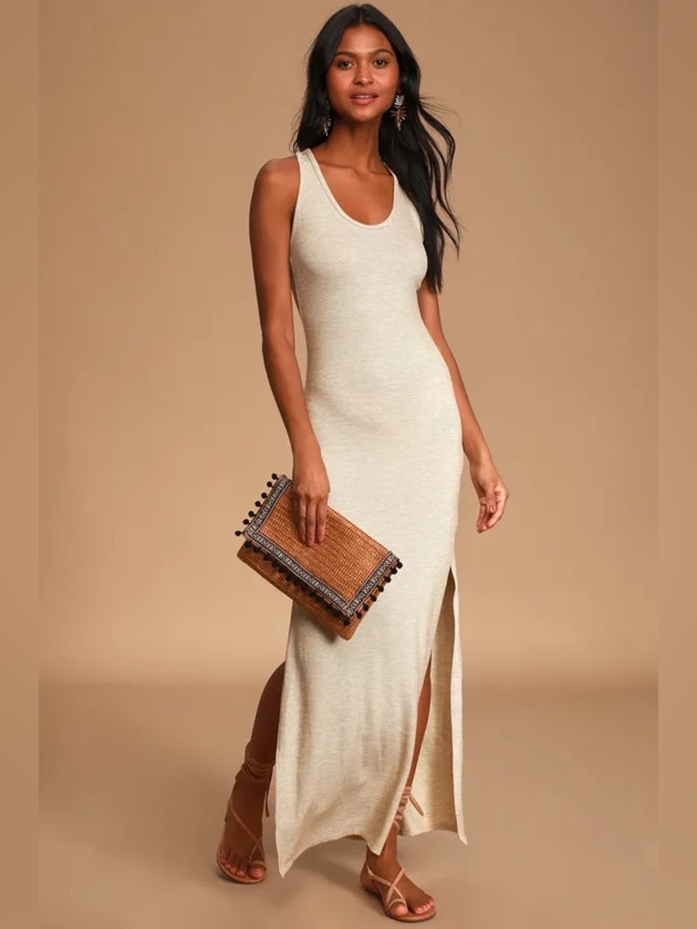 Lulus Sleeveless Maxi Tank Dress in Light Beige Oatmeal Ribbed XS Coastal casual